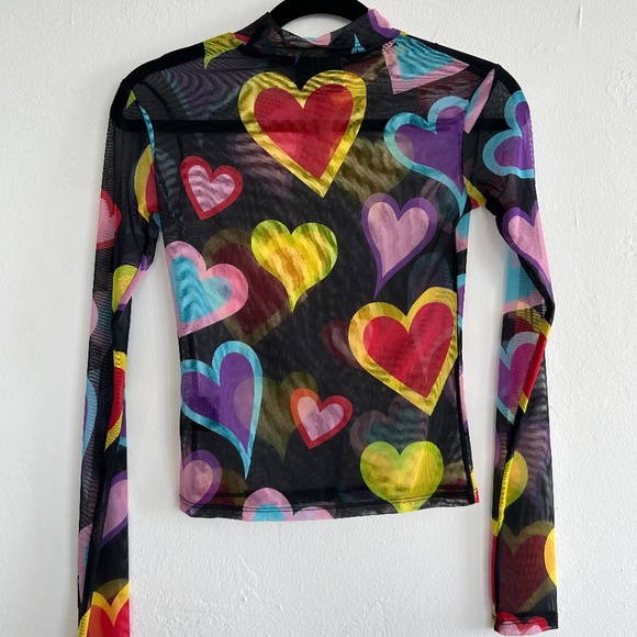 Lazy Oaf Long-Sleeve Multi-Color Heart Mesh Top 💛🩷🖤❤️ - Picture 2 of 7